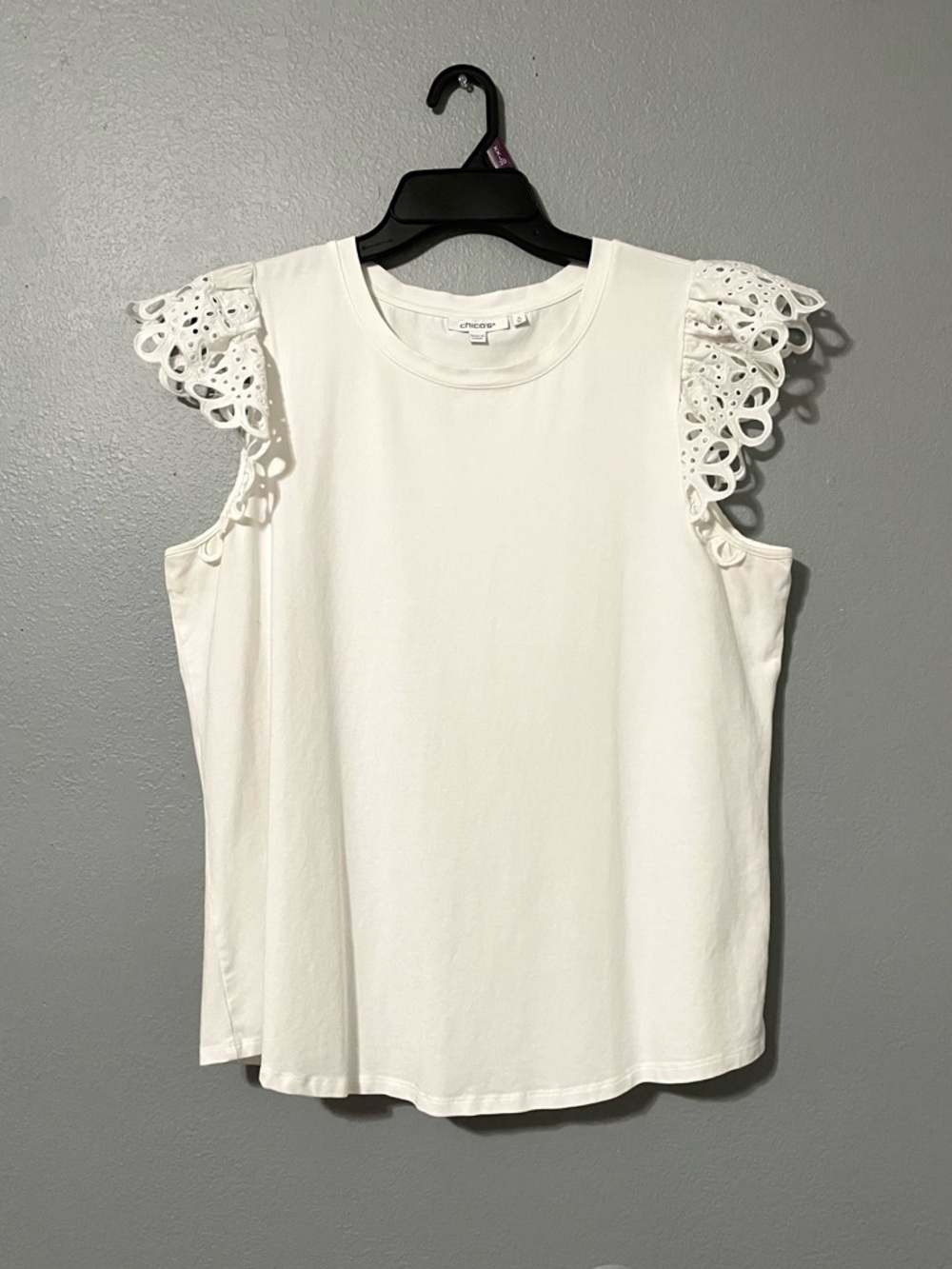 Chico's White Eyelet Flutter Sleeve Knit Short Sleve Top 3 XL